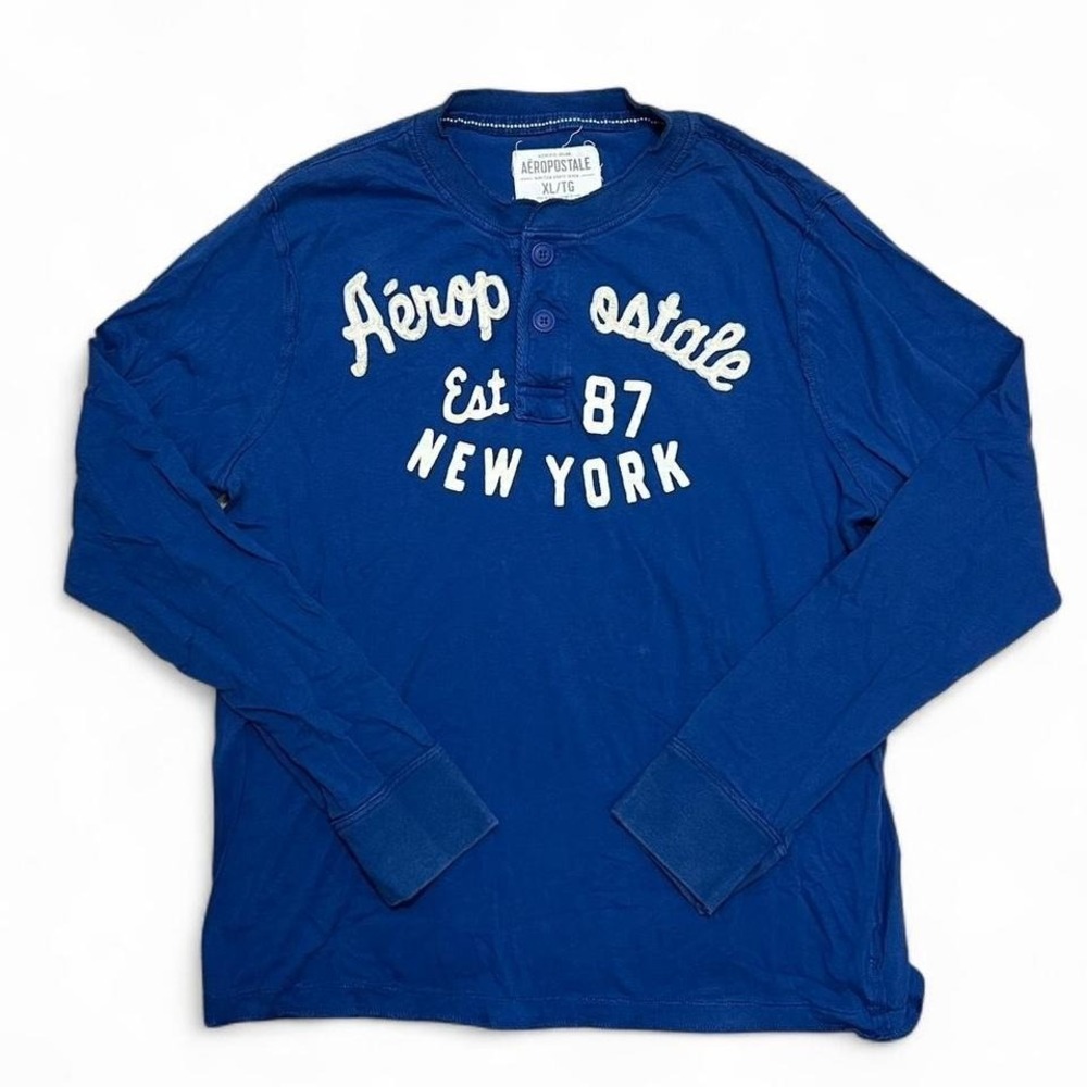 Vintage Y2K Men's Aeropostale Blue Henley Shirt Size XL Long Sleeve‎ Pullover